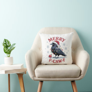 Funny Christmas Raven Merry F-Caw-F Black Bird Throw Pillow