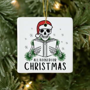 Funny Christmas Reading Skeleton Book Lover Gift Ceramic Ornament