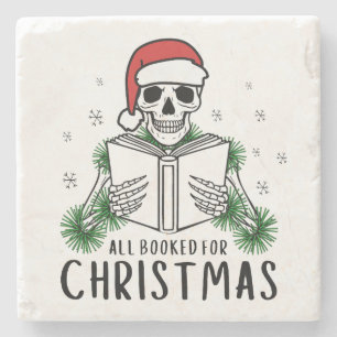 Funny Christmas Reading Skeleton Book Lover Stone Coaster