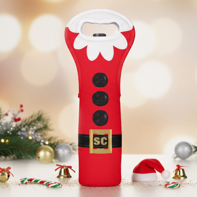 Funny Christmas Red Elf Costume Monogram Wine Bag (Fun and festive wine bag with space for your initials)