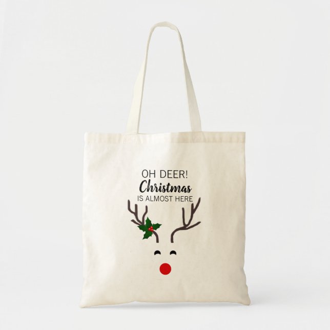 Funny Christmas Red Nose Reindeer Tote Bag (Front)