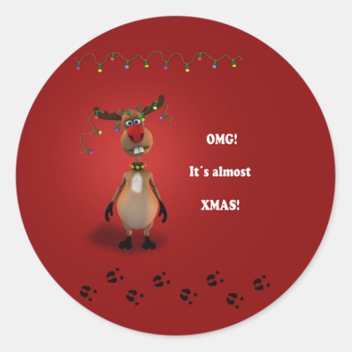 Funny Christmas Red Nosed Reindeer Classic Round Sticker