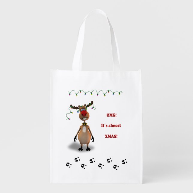 Funny Christmas Red Nosed Reindeer Grocery Bag (Front)