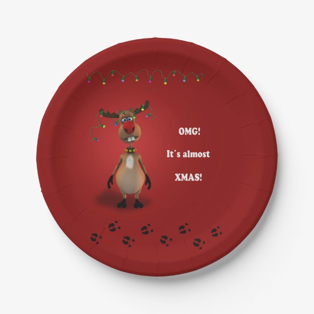 Funny Christmas Red Nosed Reindeer Paper Plates (Front)