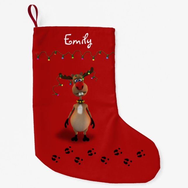 Funny Christmas Red Nosed Reindeer Small Christmas Stocking (Front)