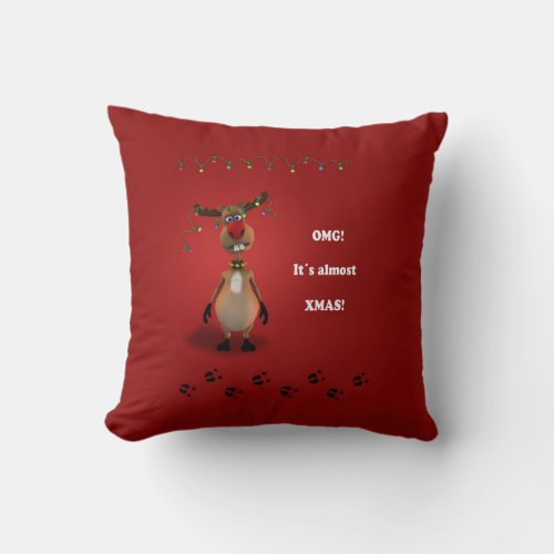 Funny Christmas Red Nosed Reindeer Throw Pillow