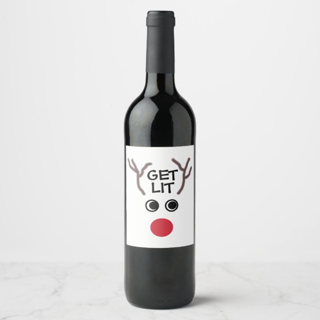 Funny Christmas Reindeer Get Lit Wine Label (Front)