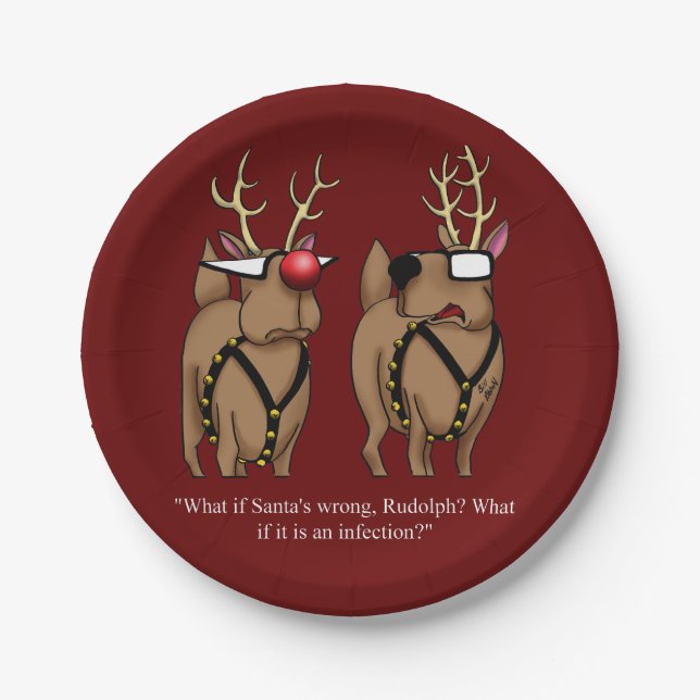 Funny Christmas Reindeer Nose Humor Paper Plates (Front)