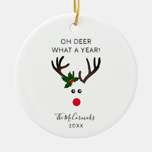 Funny Christmas Reindeer Personalized Name Year Ceramic Ornament