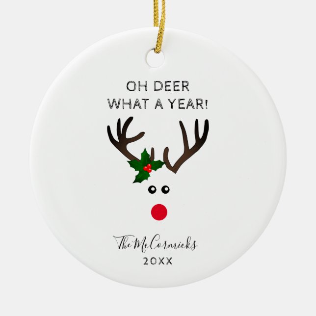 Funny Christmas Reindeer Personalized Name Year Ceramic Ornament (Front)