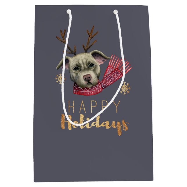 Funny Christmas Reindeer Pit Bull Dog Medium Gift Bag (Front)