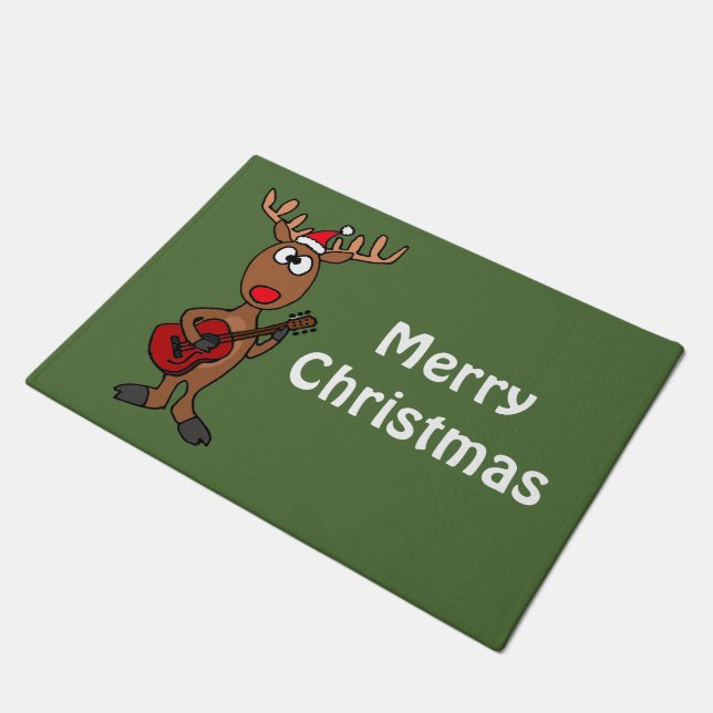 Funny Christmas Reindeer Playing Guitar Doormat (Angled)