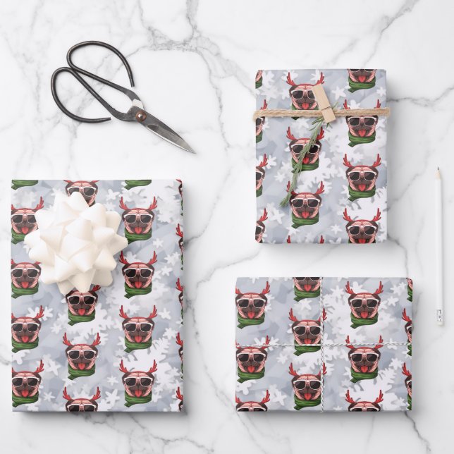 Funny Christmas Reindeer Pug  Wearing A Scarf Wrapping Paper Sheets (Front)