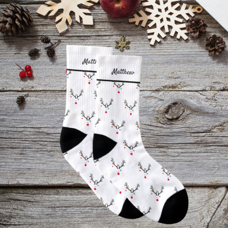 Funny Christmas Reindeer White Simple Modern Socks
