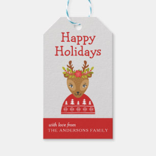 Funny Christmas Reindeer with Floral Hat Gift Tag