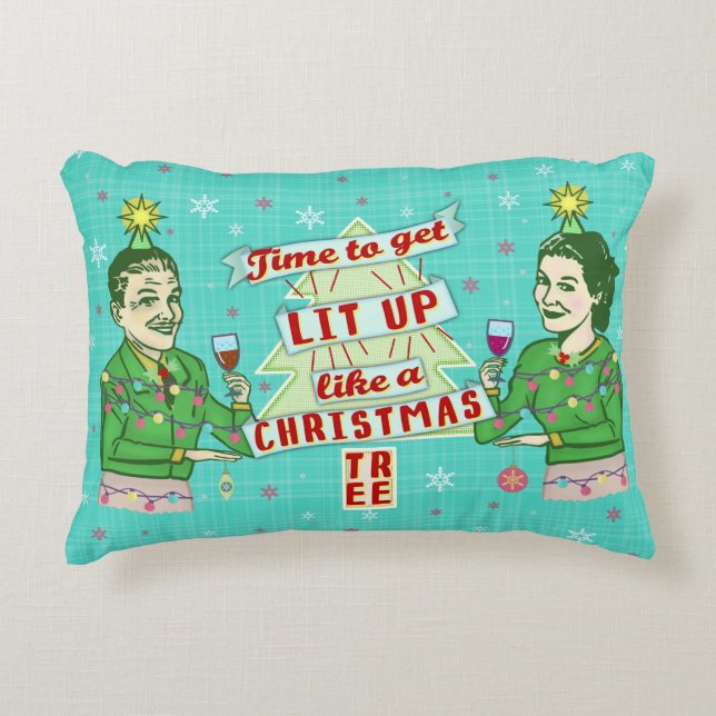 Funny Christmas Retro Drinking Humor Couple Lit Up Decorative Pillow (Front)