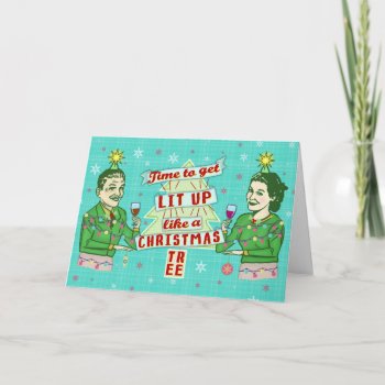 Funny Christmas Retro Drinking Humor Couple Lit Up Holiday Card by FunnyTShirtsAndMore at Zazzle