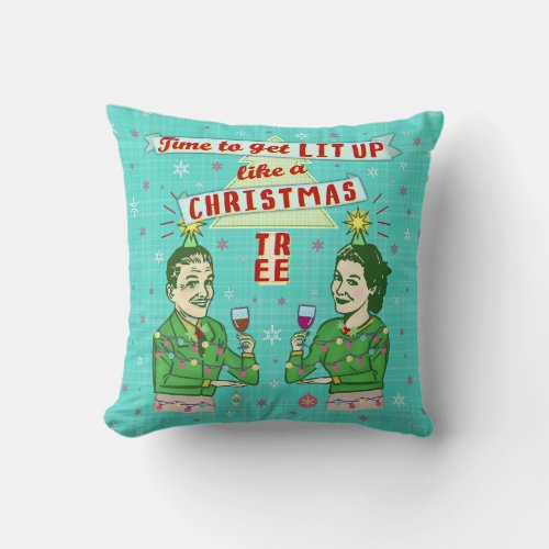 Funny Christmas Retro Drinking Humor Couple Lit Up Throw Pillow