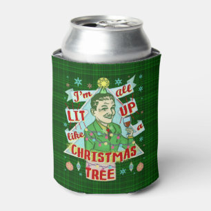 Funny Christmas Retro Drinking Humor Man Lit Up Can Cooler