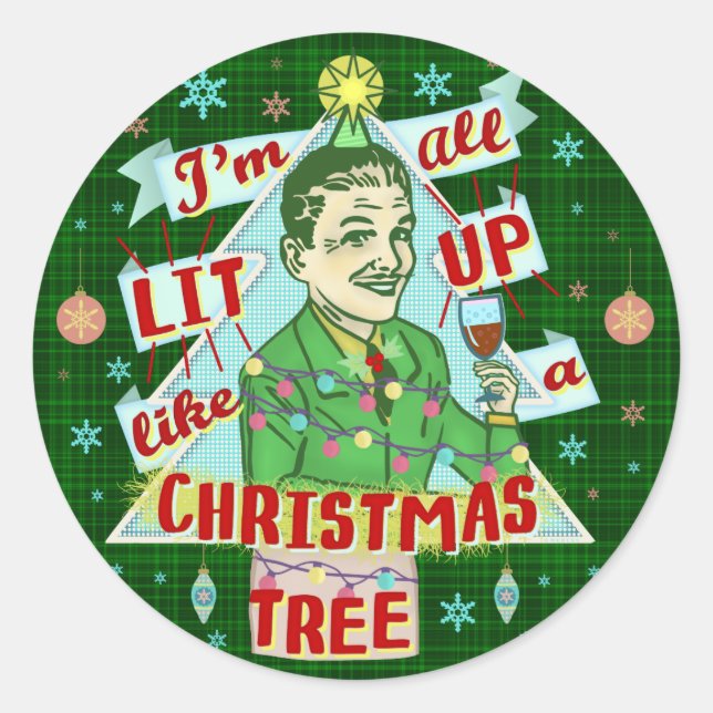 Funny Christmas Retro Drinking Humor Man Lit Up Classic Round Sticker (Front)