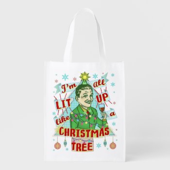 Funny Christmas Retro Drinking Humor Man Lit Up Grocery Bag by FunnyTShirtsAndMore at Zazzle