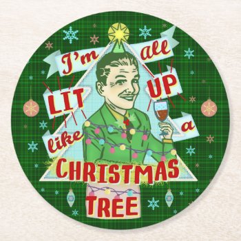 Funny Christmas Retro Drinking Humor Man Lit Up Round Paper Coaster by FunnyTShirtsAndMore at Zazzle