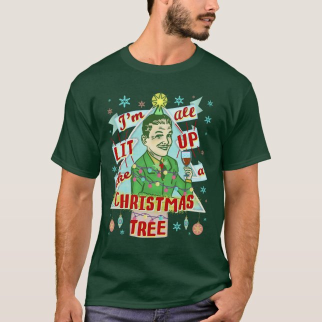 Funny Christmas Retro Drinking Humor Man Lit Up T-Shirt (Front)