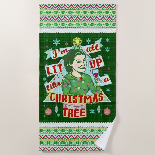 Funny Christmas Retro Drinking Humor Woman Lit Up Beach Towel