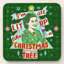 Funny Christmas Retro Drinking Humor Woman Lit Up Beverage Coaster