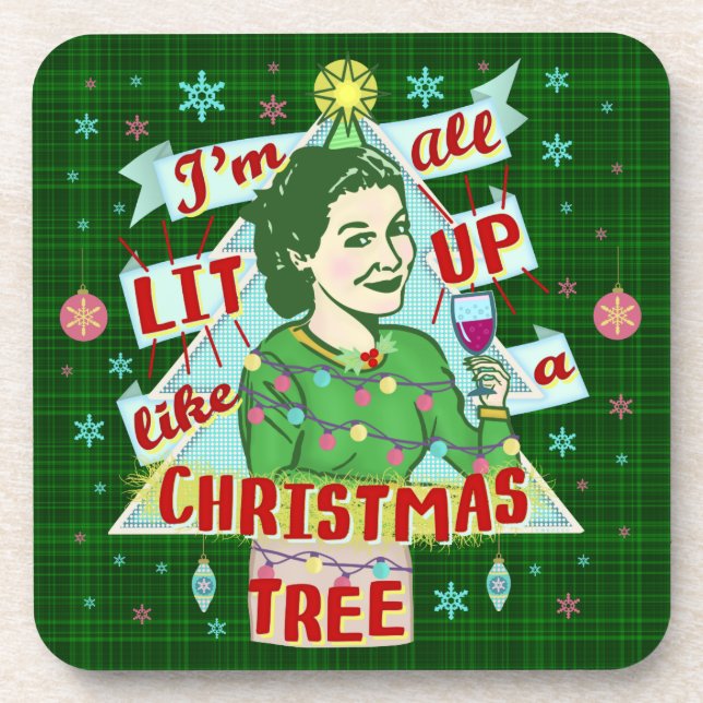 Funny Christmas Retro Drinking Humor Woman Lit Up Beverage Coaster (Front)