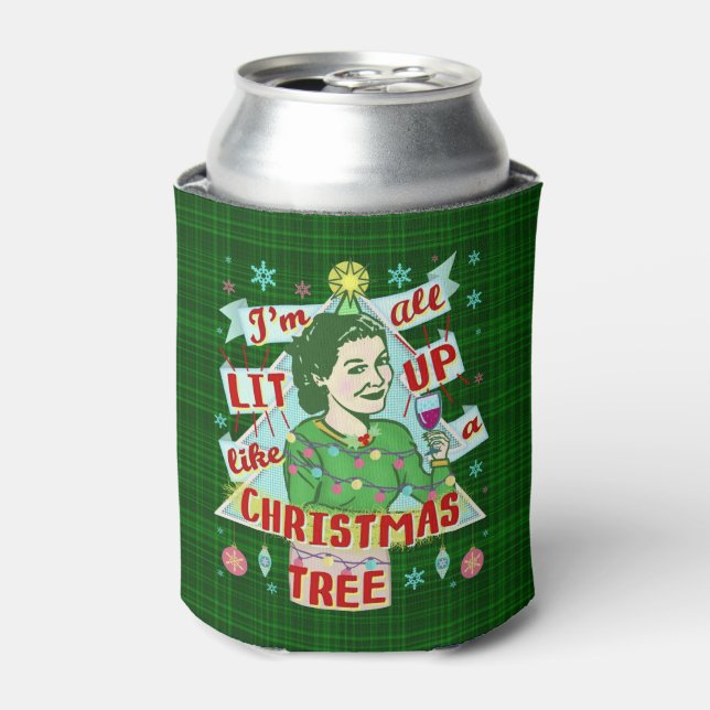 Funny Christmas Retro Drinking Humor Woman Lit Up Can Cooler (Can Front)