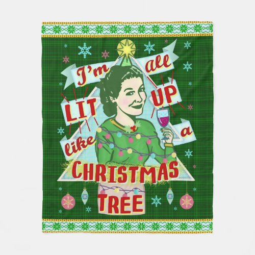 Funny Christmas Retro Drinking Humor Woman Lit Up Fleece Blanket