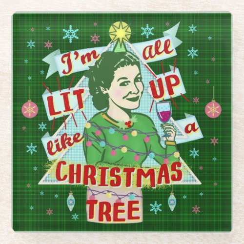 Funny Christmas Retro Drinking Humor Woman Lit Up Glass Coaster