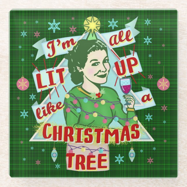 Funny Christmas Retro Drinking Humor Woman Lit Up Glass Coaster (Front)
