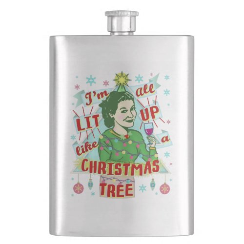 Funny Christmas Retro Drinking Humor Woman Lit Up Hip Flask