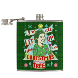Funny Christmas Retro Drinking Humor Woman Lit Up Hip Flask