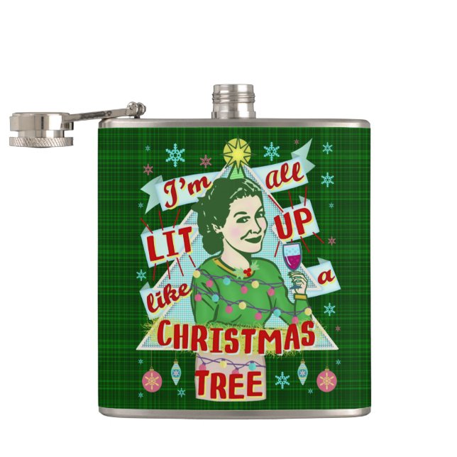 Funny Christmas Retro Drinking Humor Woman Lit Up Hip Flask (Opened)