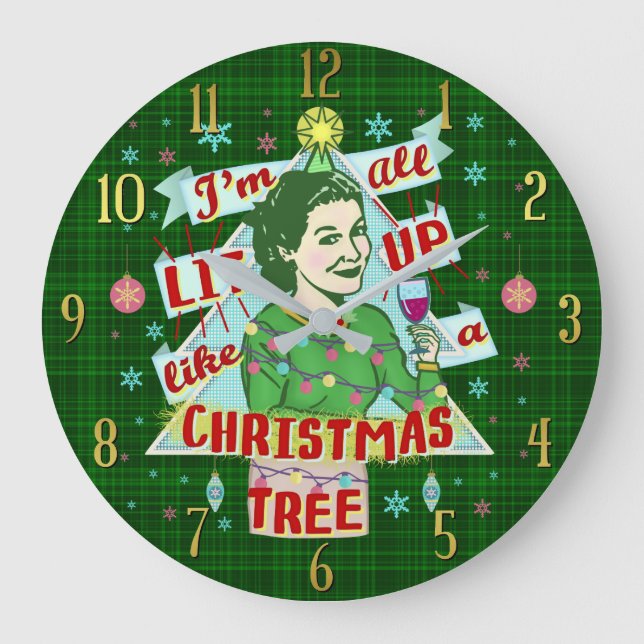Funny Christmas Retro Drinking Humor Woman Lit Up Large Clock (Front)