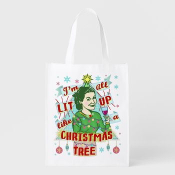 Funny Christmas Retro Drinking Humor Woman Lit Up Reusable Grocery Bag by FunnyTShirtsAndMore at Zazzle