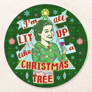 Funny Christmas Retro Drinking Humor Woman Lit Up Round Paper Coaster by FunnyTShirtsAndMore at Zazzle