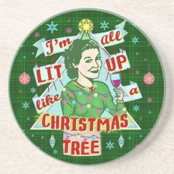 Funny Christmas Retro Drinking Humor Woman Lit Up Sandstone Coaster by FunnyTShirtsAndMore at Zazzle