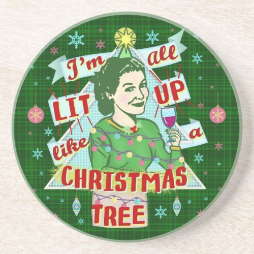 Funny Christmas Retro Drinking Humor Woman Lit Up Sandstone Coaster