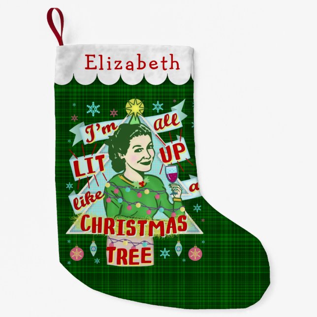 Funny Christmas Retro Drinking Humor Woman Lit Up Small Christmas Stocking (Front)