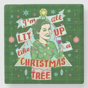 Funny Christmas Retro Drinking Humor Woman Lit Up Stone Coaster by FunnyTShirtsAndMore at Zazzle