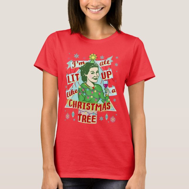 Funny Christmas Retro Drinking Humor Woman Lit Up T-Shirt (Front)