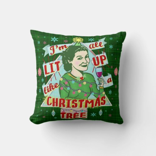 Funny Christmas Retro Drinking Humor Woman Lit Up Throw Pillow