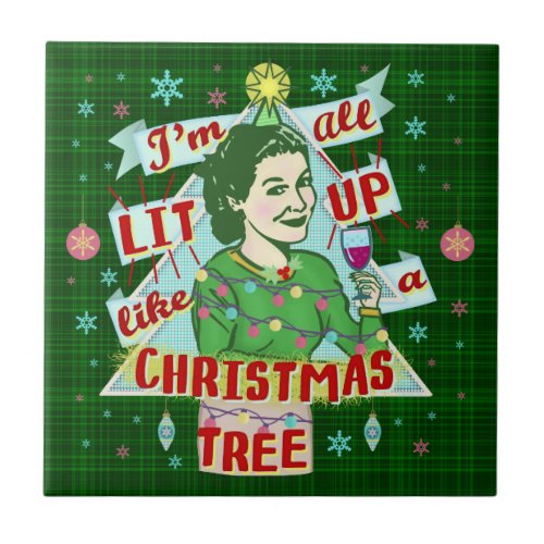 Funny Christmas Retro Drinking Humor Woman Lit Up Tile