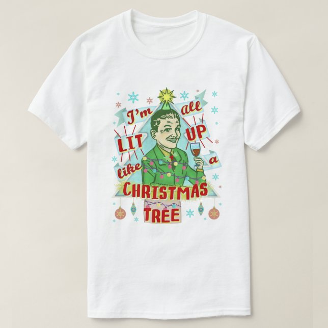 Funny Christmas Retro Lit Up Drinking Humor Man T-Shirt (Design Front)