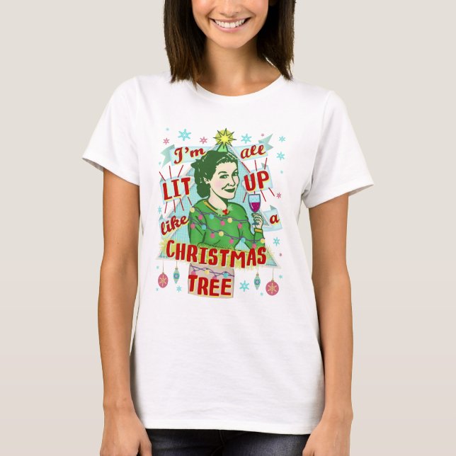 Funny Christmas Retro Lit Up Drinking Humor Woman T-Shirt (Front)