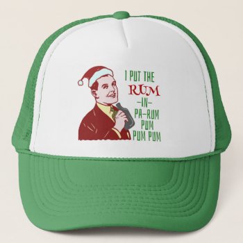 Funny Christmas Retro Man Drinking Rum Holiday Trucker Hat by FunnyTShirtsAndMore at Zazzle